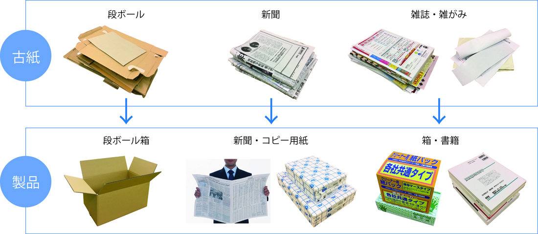 有限会社澤田紙業　古紙の種類と主な紙製品の例
